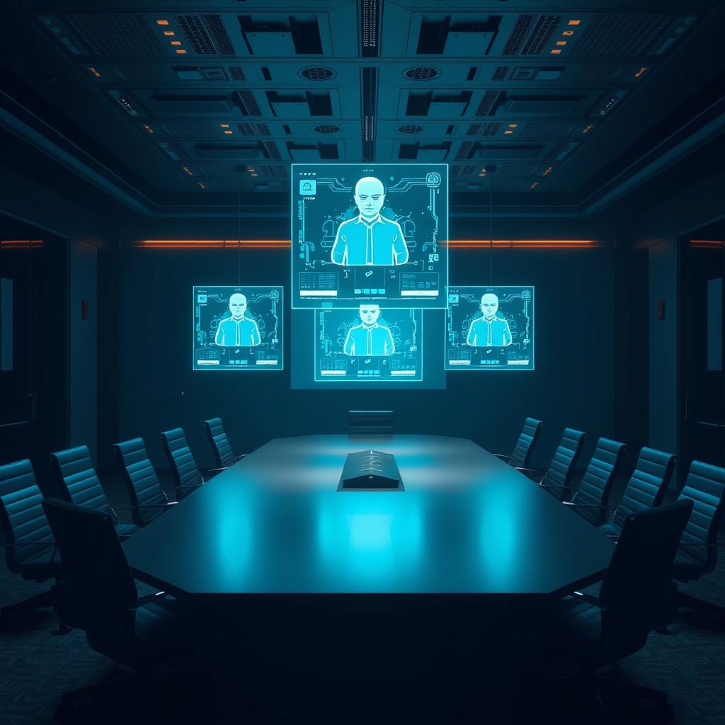 Leerer Konferenzraum mit holografischen KI-Agenten-Screens