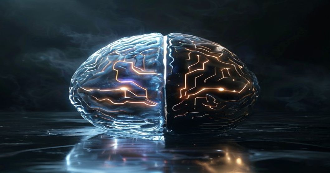 Attribution Graphs – gläsernes Gehirn mit beleuchteten Schaltkreisen, halb kartiert, halb im Schatten