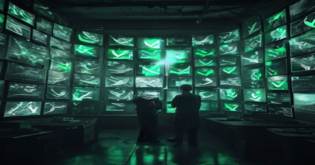 Wissenschaftler vor Bildschirmwand mit identischen Ergebnissen während die Realität dahinter zerfällt