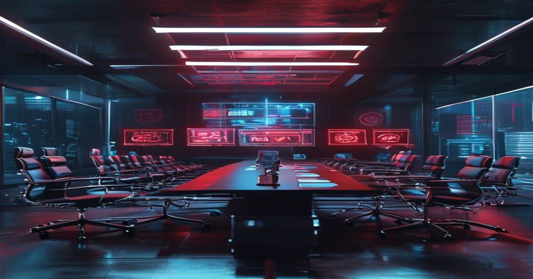 Verlassener Konferenzraum mit holografischen KI-Dashboards im Fehlerzustand