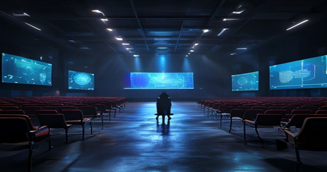 Enterprise AI Benchmark - holografische Dashboards in leerem Auditorium