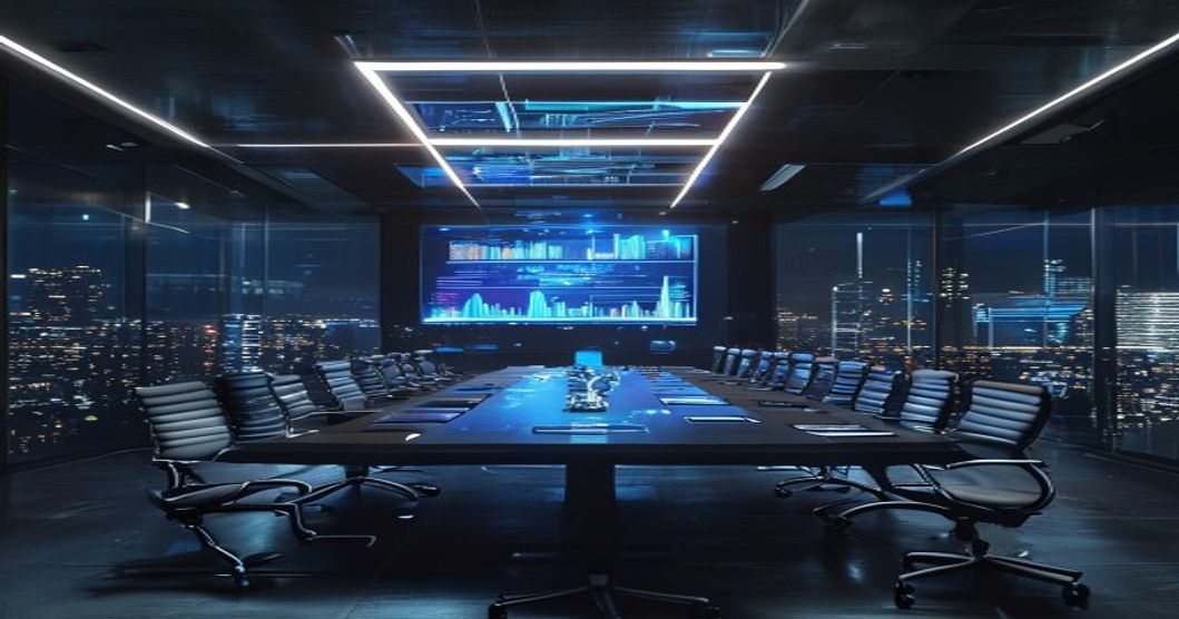 Enterprise AI Boardroom mit holographischen Strategie-Interfaces