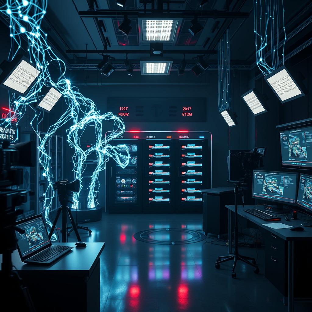 Newsroom-Studio mit Datenströmen zu Server-Racks - OpenAI TBPN Medienübernahme