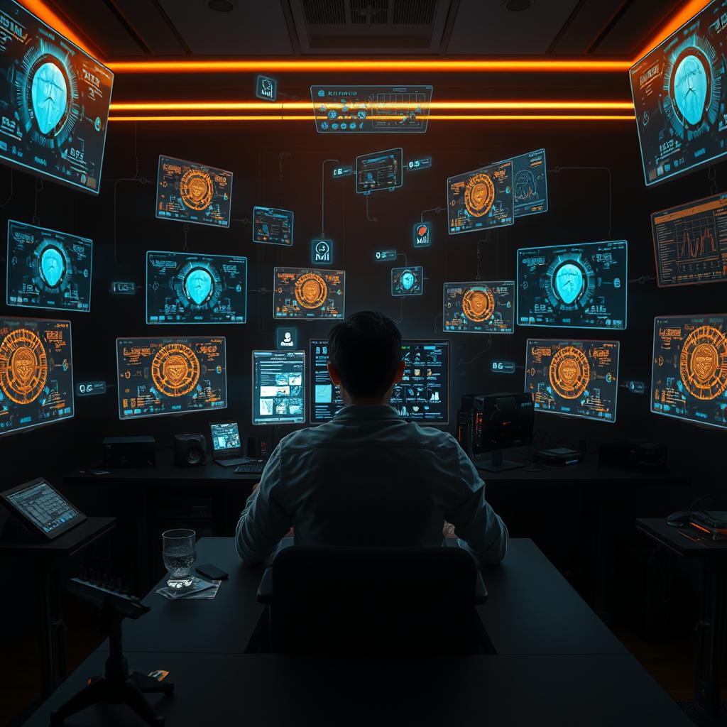 Kognitive Atrophie durch KI-Delegation – Person umgeben von holographischen KI-Interfaces