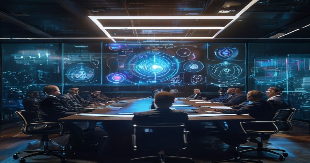 Unternehmens-Boardroom mit holografischen Sicherheits-Dashboards und Bedrohungsindikatoren
