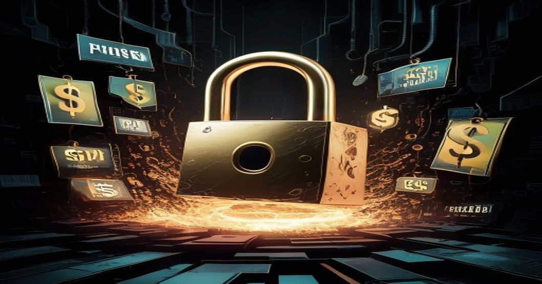 Abstrakte Darstellung von KI-Sicherheit als Premium-Produkt - goldenes Schloss im digitalen Raum