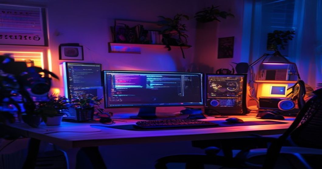 Developer am Arbeitsplatz mit stimmungsabhängiger Beleuchtung und KI-Interface